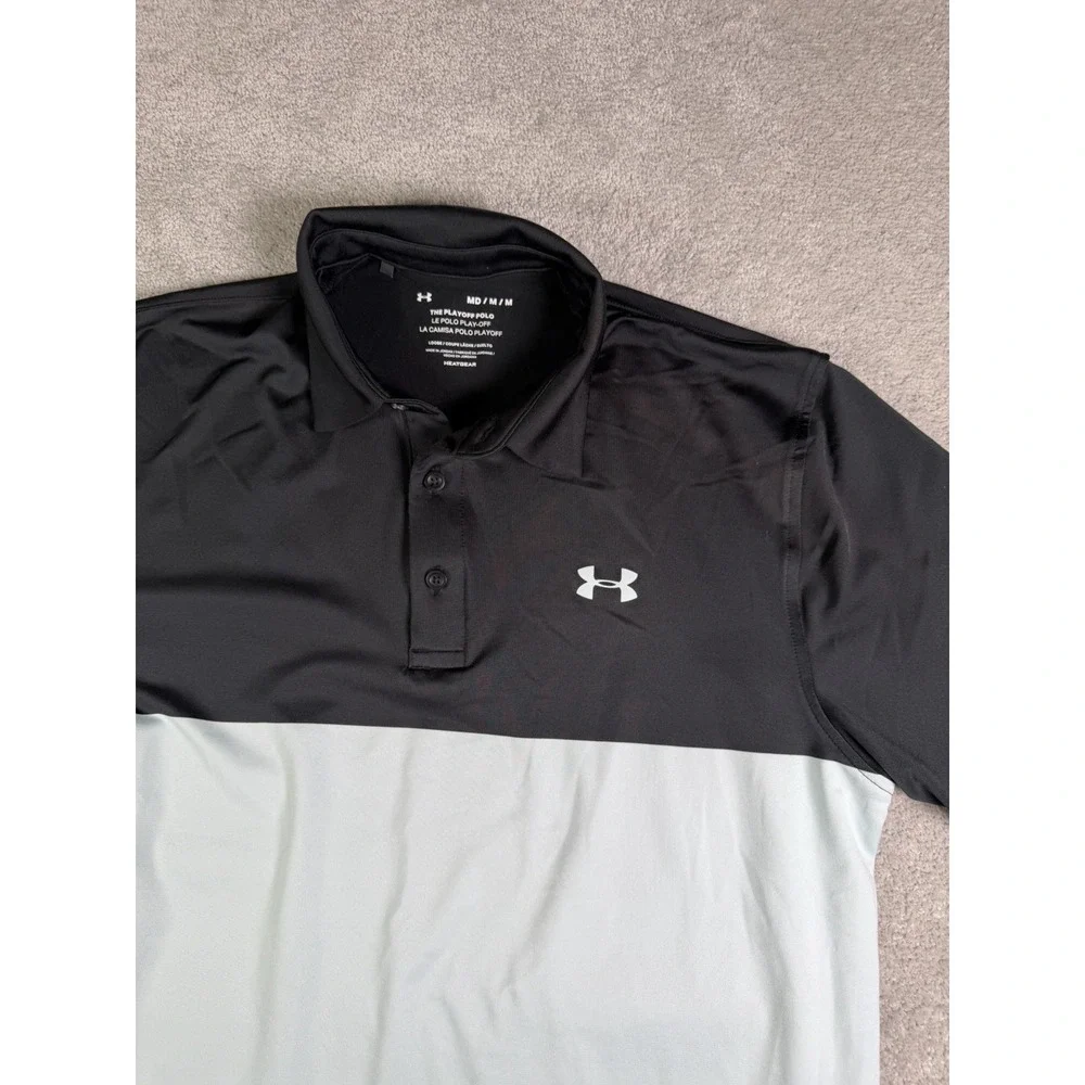 Under Armour Playoff Polo Men M Black Green Colorblock Loose HeatGear Golf Shirt